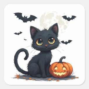 Adesivo Quadrado Gato Preto Fofo Com Morcegos Halloween 🎃