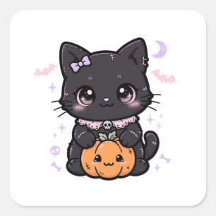 Adesivo Quadrado Gato Preto Fofo de Abóbora no Halloween