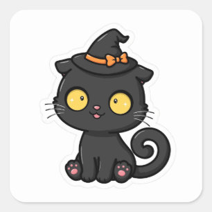 Adesivo Quadrado Gato Preto Fofo de Halloween com Chapéu de Bruxa