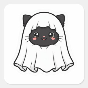 Adesivo Quadrado Gato Preto Fofo Fantasma Halloween Kawaii