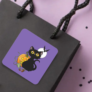 Adesivo Quadrado Gato Preto Fofo Roxo Assustador Abóbora de Hallowe