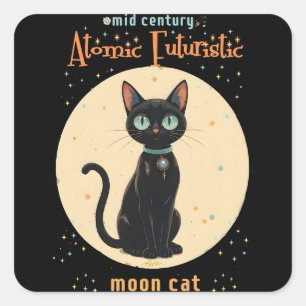 Adesivo Quadrado Gato Preto Futurista Atômico da Lua com texto