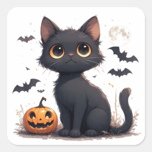 Adesivo Quadrado Gato Preto Kawaii com abóbora Halloween 🎃