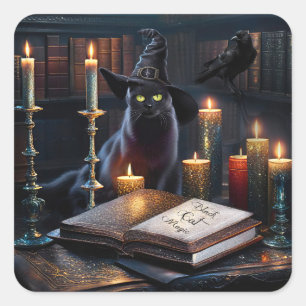 Adesivo Quadrado Gato Preto Mágico do Halloween Místico