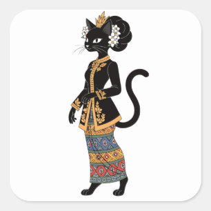 Adesivo Quadrado Gato Preto na Arte Tradicional de Kebaya em Batik