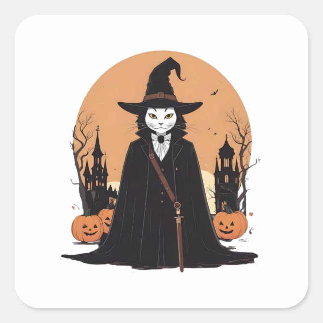 Adesivo Quadrado Gato Preto Salem Místico com Pumpkins (Frente)