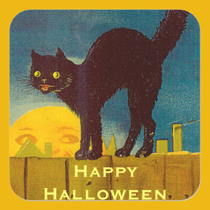 Adesivo Quadrado Gato Preto Vintage no Halloween