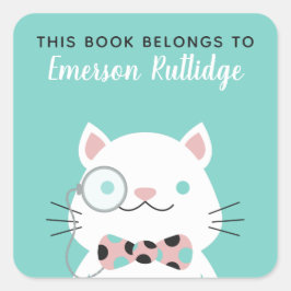 Adesivo Quadrado Gato rico | Turquesa Este Livro Pertence
