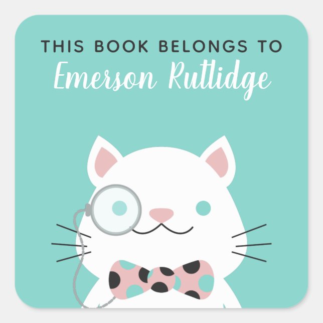 Adesivo Quadrado Gato rico | Turquesa Este Livro Pertence (Frente)