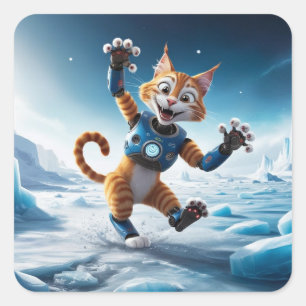 Adesivo Quadrado Gato robô amigável em outro planeta gelado
