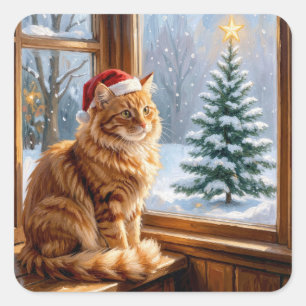 Adesivo Quadrado Gato Ruivo de Natal