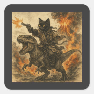 Adesivo Quadrado Gato Samurai Montando Dinossauro em Erupção Vulcân