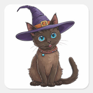 Adesivo Quadrado Gato Siames Adorável com Chapéu de Bruxa