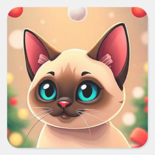 Adesivo Quadrado Gato Siames Adorável com Decorações de Natal