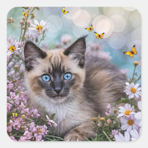 Adesivo Quadrado Gato Siamês com Borboletas e Flores