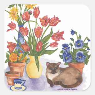 Adesivo Quadrado Gato Siamês Tulipas Pansies Watercolor "Chester"