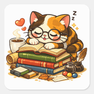 Adesivo Quadrado Gato Sonolento em Livros Design de Gato Amante d