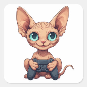Adesivo Quadrado Gato Sphynx Segurando Controle de Jogo