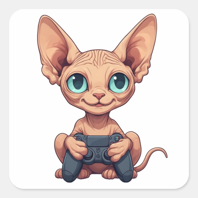 Adesivo Quadrado Gato Sphynx Segurando Controle de Jogo (Frente)