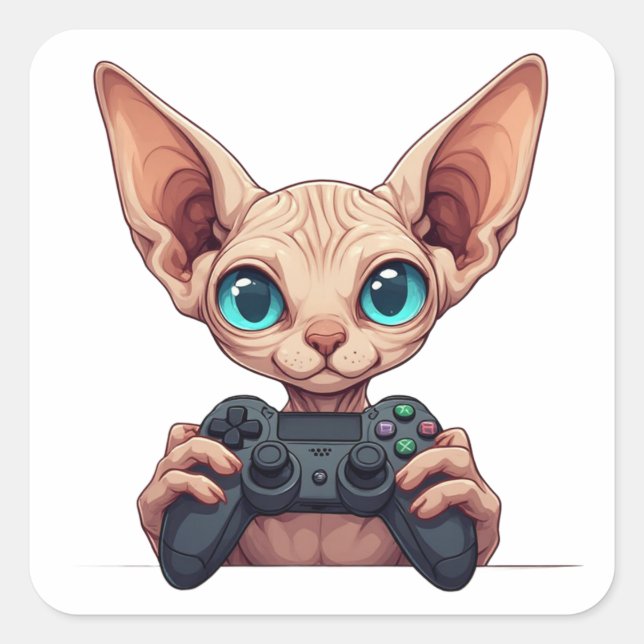 Adesivo Quadrado Gato Sphynx Segurando Controle de Jogo (Frente)