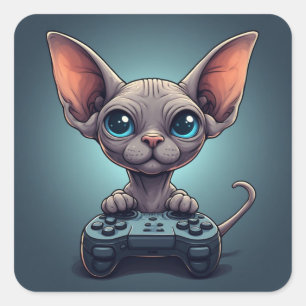 Adesivo Quadrado Gato Sphynx Segurando Controle de Jogo
