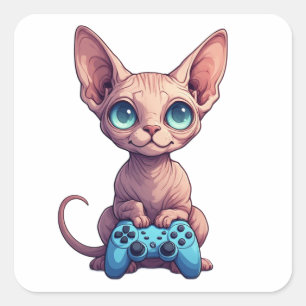 Adesivo Quadrado Gato Sphynx Segurando Controle de Jogo