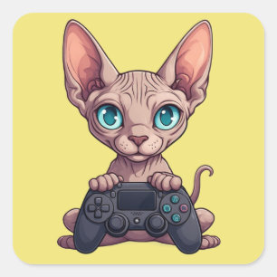 Adesivo Quadrado Gato Sphynx Segurando Controle de Jogo