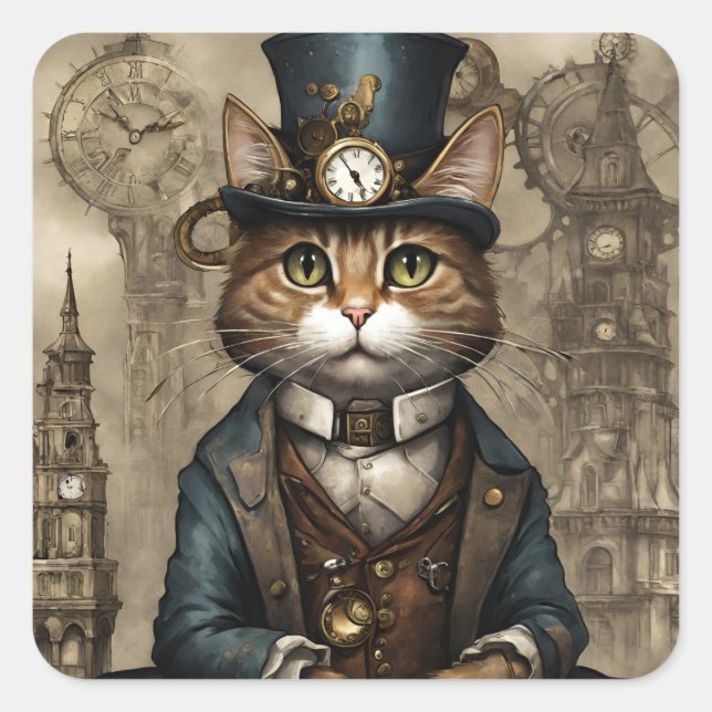 Adesivo Quadrado Gato Steampunk (Frente)