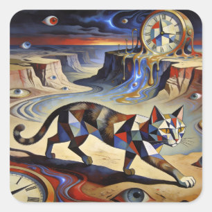 Adesivo Quadrado Gato Surrealista Relógios Derretendo Inspirado em