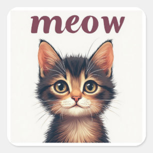 Adesivo Quadrado Gato Tabby Adorável Com Citação Meow E Sorriso 🐾