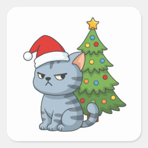 Adesivo Quadrado Gato Tabby Cinza Mal-Humorado Chapéu Vermelho Árvo