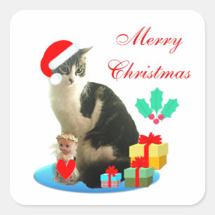 Adesivo Quadrado Gato Tabby de Natal Fofo