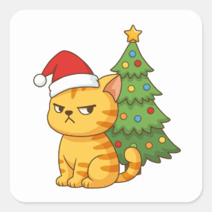 Adesivo Quadrado Gato Tabby Laranja Mal-Humorado Chapéu Vermelho Ár