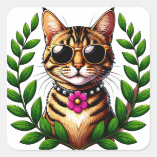 Adesivo Quadrado Gato Tabby Legal Com Óculos De Sol E Flores 🐱