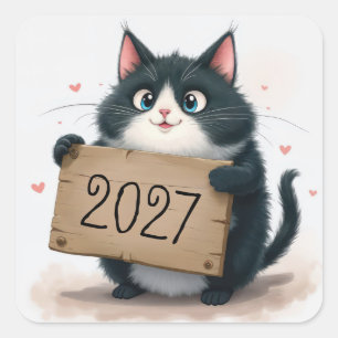 Adesivo Quadrado Gato Tuxedo com Sinal de Ano Novo 2027