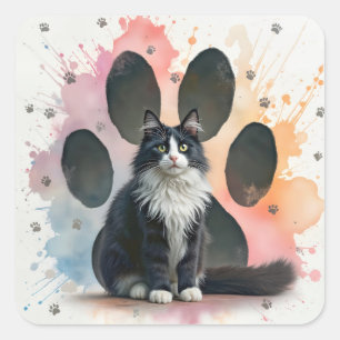 Adesivo Quadrado Gato Tuxedo com um Fundo de Impressão de Pata