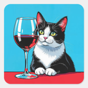 Adesivo Quadrado Gato Tuxedo Com Vinho Tinto