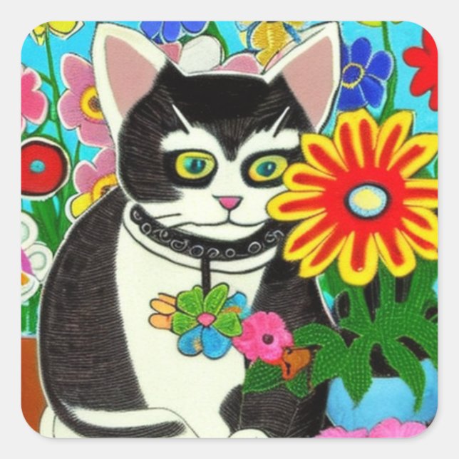 Adesivo Quadrado Gato Whimsical com Arte Folclórica Flor (Frente)