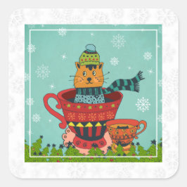 Adesivo Quadrado Gato Whimsso Sentado em um Natal Teacup