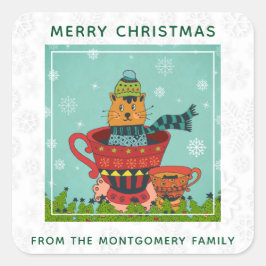 Adesivo Quadrado Gato Whimsso Sentado em um Natal Teacup