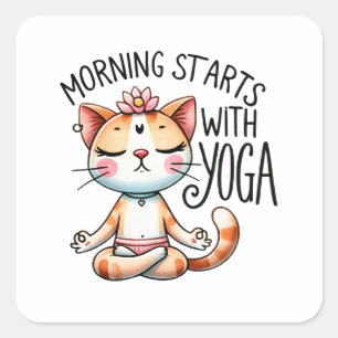 Adesivo Quadrado Gato Yoga Pose - A Manhã Começa Com Yoga