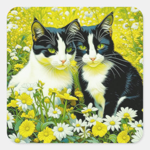 Adesivo Quadrado Gatos Adoráveis sentados em um campo de Daisies