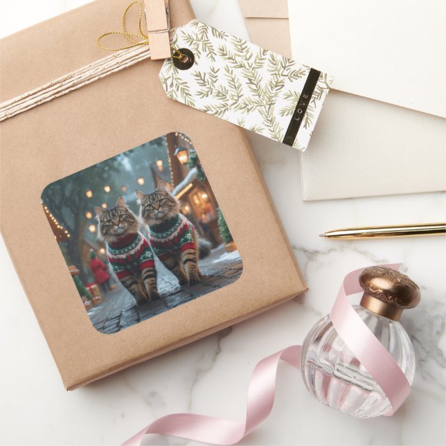 Adesivo Quadrado Gatos Angorá Turcos Natal Neve Férias (Presentear)