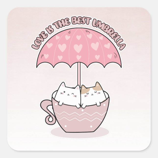 Adesivo Quadrado Gatos bonitos na caneca debaixo do guarda-chuva (Frente)