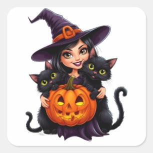 Adesivo Quadrado Gatos Bruxas Abóbora de Halloween 🐈⬛