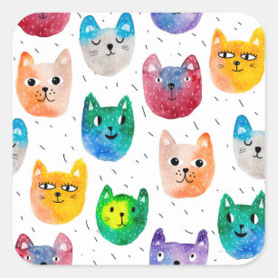 Adesivo Quadrado Gatos com aquarelas e amigos