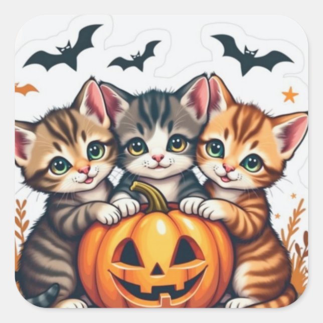 Adesivo Quadrado Gatos de Halloween e vinil de abóbora (Frente)