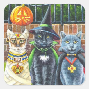 Adesivo Quadrado Gatos de Halloween na Rua de Costume Watercolor Ar