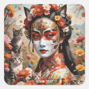 Adesivo Quadrado Gatos de Menina Chinesa Fantasia