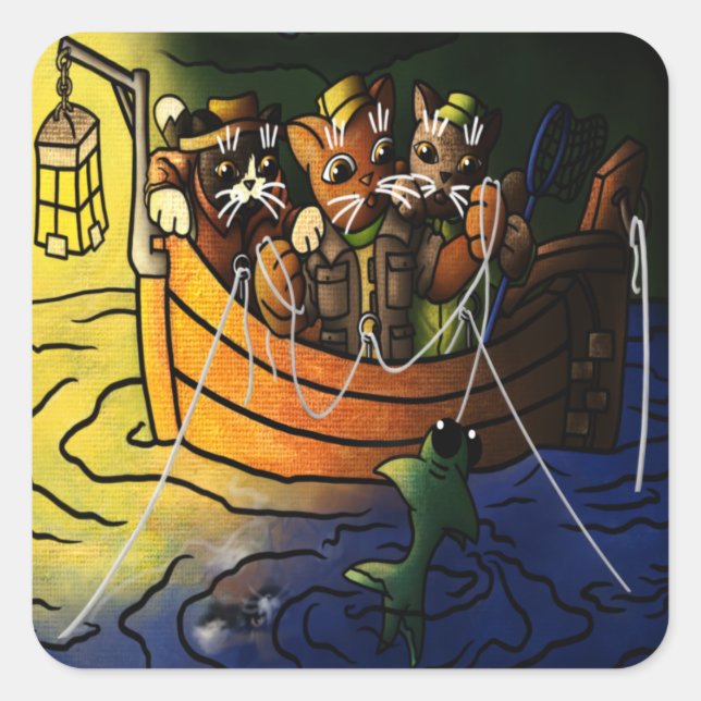 Adesivo Quadrado Gatos De Pesca Noturna (Frente)